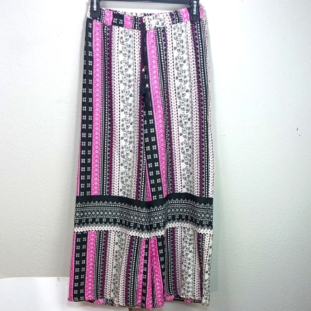 True Destiny Pink/ Black Boho Multi Print Wide Leg Pants sz XL